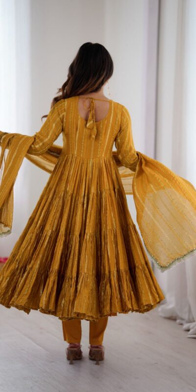 SRK 5305 Yellow Color Mal Chanderi Gown with Mirror Work & Lace Work. Grab it for ₹2399. Delivery 4-6 Working Days. Shop now. | Gowns, Bollywood Gowns, Creative Gowns, Designer Gowns, Embroidered Gowns, Party Wear Gowns
