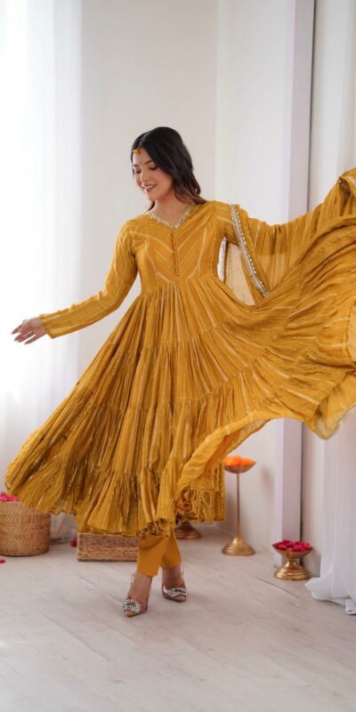 SRK 5305 Yellow Color Mal Chanderi Gown with Mirror Work & Lace Work. Grab it for ₹2399. Delivery 4-6 Working Days. Shop now. | Gowns, Bollywood Gowns, Creative Gowns, Designer Gowns, Embroidered Gowns, Party Wear Gowns