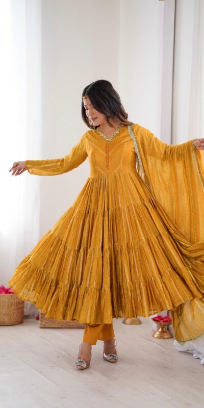 SRK 5305 Yellow Color Mal Chanderi Gown with Mirror Work & Lace Work. Grab it for ₹2399. Delivery 4-6 Working Days. Shop now. | Gowns, Bollywood Gowns, Creative Gowns, Designer Gowns, Embroidered Gowns, Party Wear Gowns