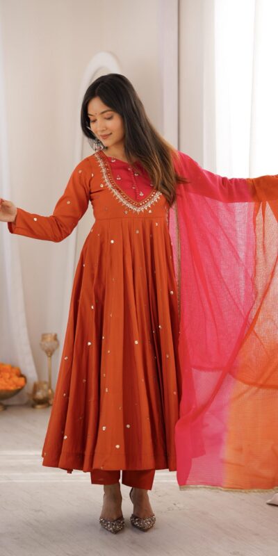 ZF 5023 Rust Roman Silk Gown with Mirror Work & Embroidery Work. Special Price ₹2099. Delivery 4-6 Working Days. Shop now. | Gowns, Bollywood Gowns, Creative Gowns, Designer Gowns, Embroidered Gowns, Party Wear Gowns