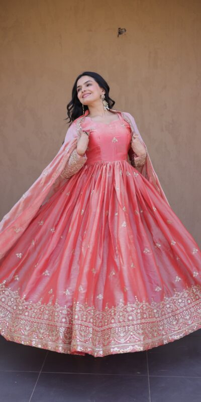 KA 1260 Gajri Color Fendi Silk Gown with Embroidery Work & Zari Work. Now at just ₹2599. Delivery 4-6 Working Days. Shop now. | Gowns, Bollywood Gowns, Creative Gowns, Designer Gowns, Embroidered Gowns, Party Wear Gowns