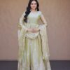 KA 1260 Light Pista Color Fendi Silk Gown with Embroidery Work & Zari Work. Now at just ₹2599. Delivery 4-6 Working Days. Shop now. | Gowns, Bollywood Gowns, Creative Gowns, Designer Gowns, Embroidered Gowns, Party Wear Gowns
