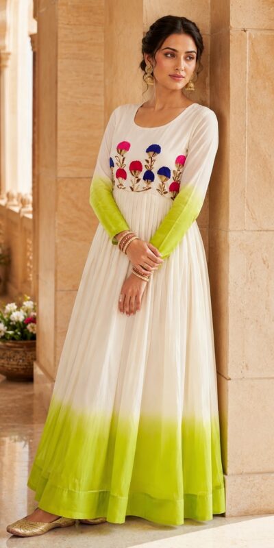 KA 1263 Green |Star Georgette Gown with Thread Embroidery & Embroidery Work. Special Price ₹1669. Delivery 4-6 Working Days. Shop now. | Gowns, Bollywood Gowns, Creative Gowns, Designer Gowns, Embroidered Gowns, Party Wear Gowns