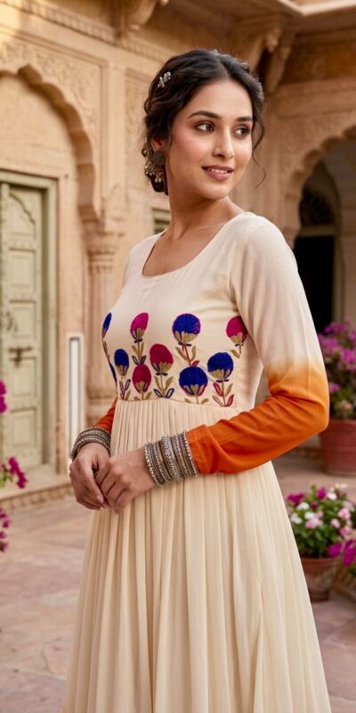 KA 1263 Orange |Star Georgette Gown with Thread Embroidery & Embroidery Work. Special Price ₹1669. Delivery 4-6 Working Days. Shop now. | Gowns, Bollywood Gowns, Creative Gowns, Designer Gowns, Embroidered Gowns, Party Wear Gowns
