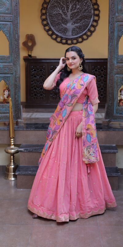 KA 5069 Peach Cosmos Silk Lehenga Choli with Zari & Embroidery Work. Introductory Price ₹2499. Delivery 4-6 Working Days. Shop now. | Lehenga, Bollywood Lehenga, Creative Lehenga, Designer Lehenga, Embroidered Lehenga, Party Wear Lehenga