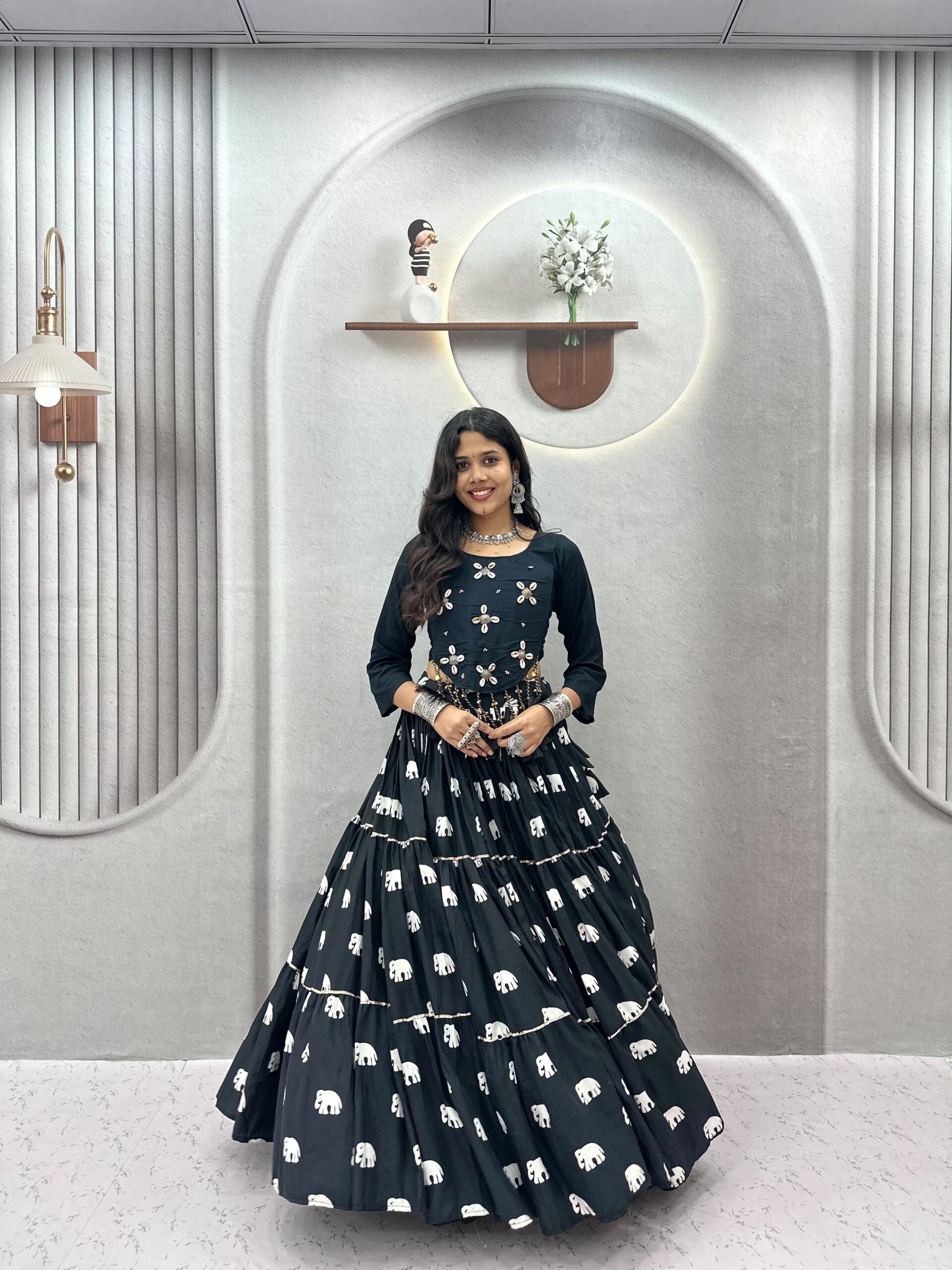 Ram 181 Black Color Pure Cotton Lehenga Choli with Cowrie Work. Festive Deal ₹2649. Delivery 4-6 Working Days. Online Shop now. | Lehenga, Bollywood Lehenga, Creative Lehenga, Designer Lehenga, Embroidered Lehenga, Party Wear Lehenga