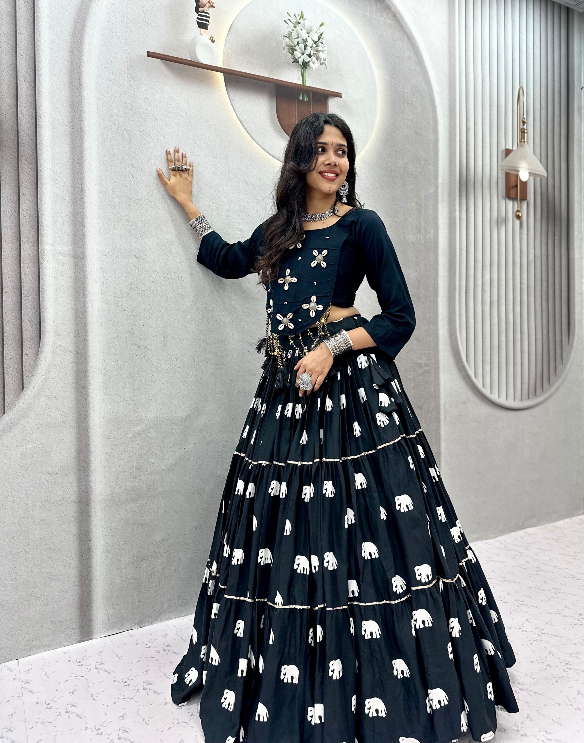 Ram 181 Black Color Pure Cotton Lehenga Choli with Cowrie Work. Festive Deal ₹2649. Delivery 4-6 Working Days. Online Shop now. | Lehenga, Bollywood Lehenga, Creative Lehenga, Designer Lehenga, Embroidered Lehenga, Party Wear Lehenga