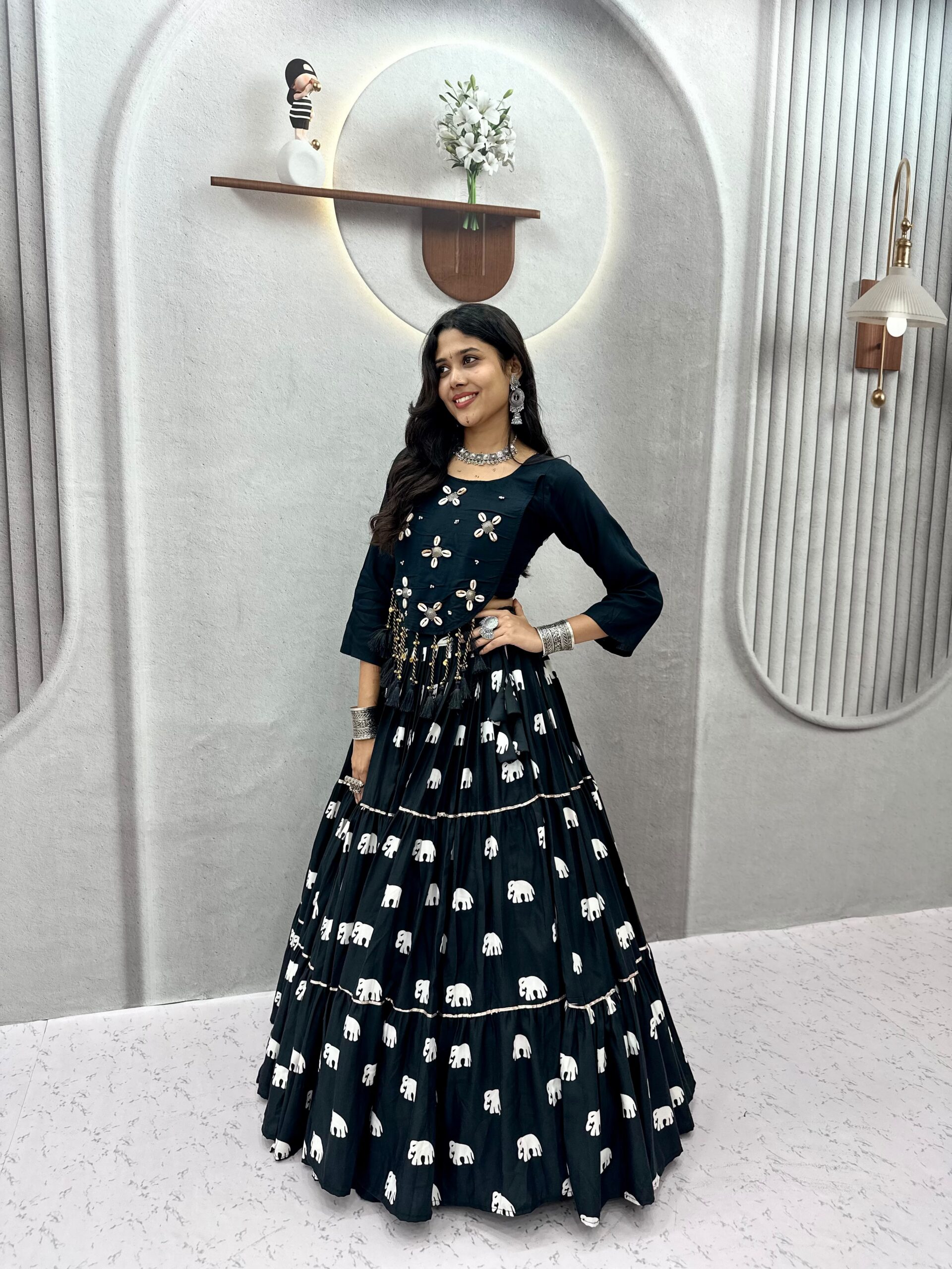 Ram 181 Black Color Pure Cotton Lehenga Choli with Cowrie Work. Festive Deal ₹2649. Delivery 4-6 Working Days. Online Shop now. | Lehenga, Bollywood Lehenga, Creative Lehenga, Designer Lehenga, Embroidered Lehenga, Party Wear Lehenga