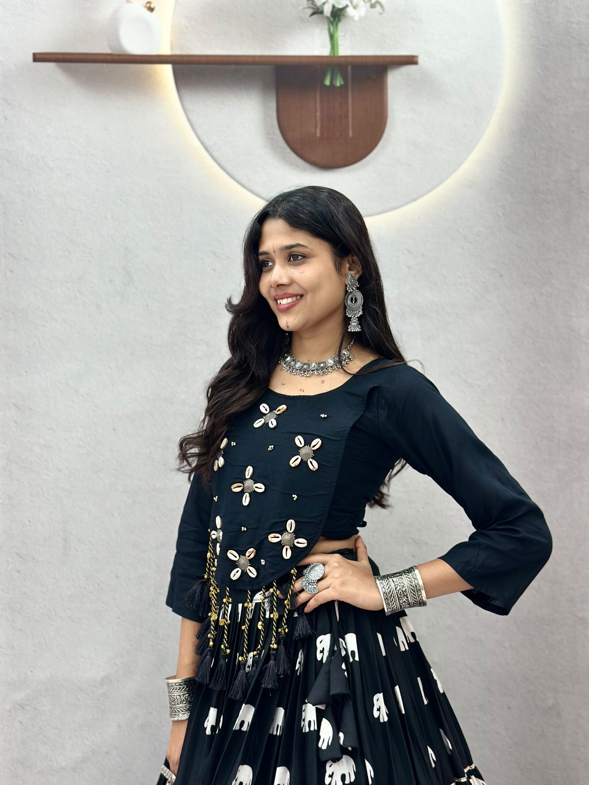 Ram 181 Black Color Pure Cotton Lehenga Choli with Cowrie Work. Festive Deal ₹2649. Delivery 4-6 Working Days. Online Shop now. | Lehenga, Bollywood Lehenga, Creative Lehenga, Designer Lehenga, Embroidered Lehenga, Party Wear Lehenga