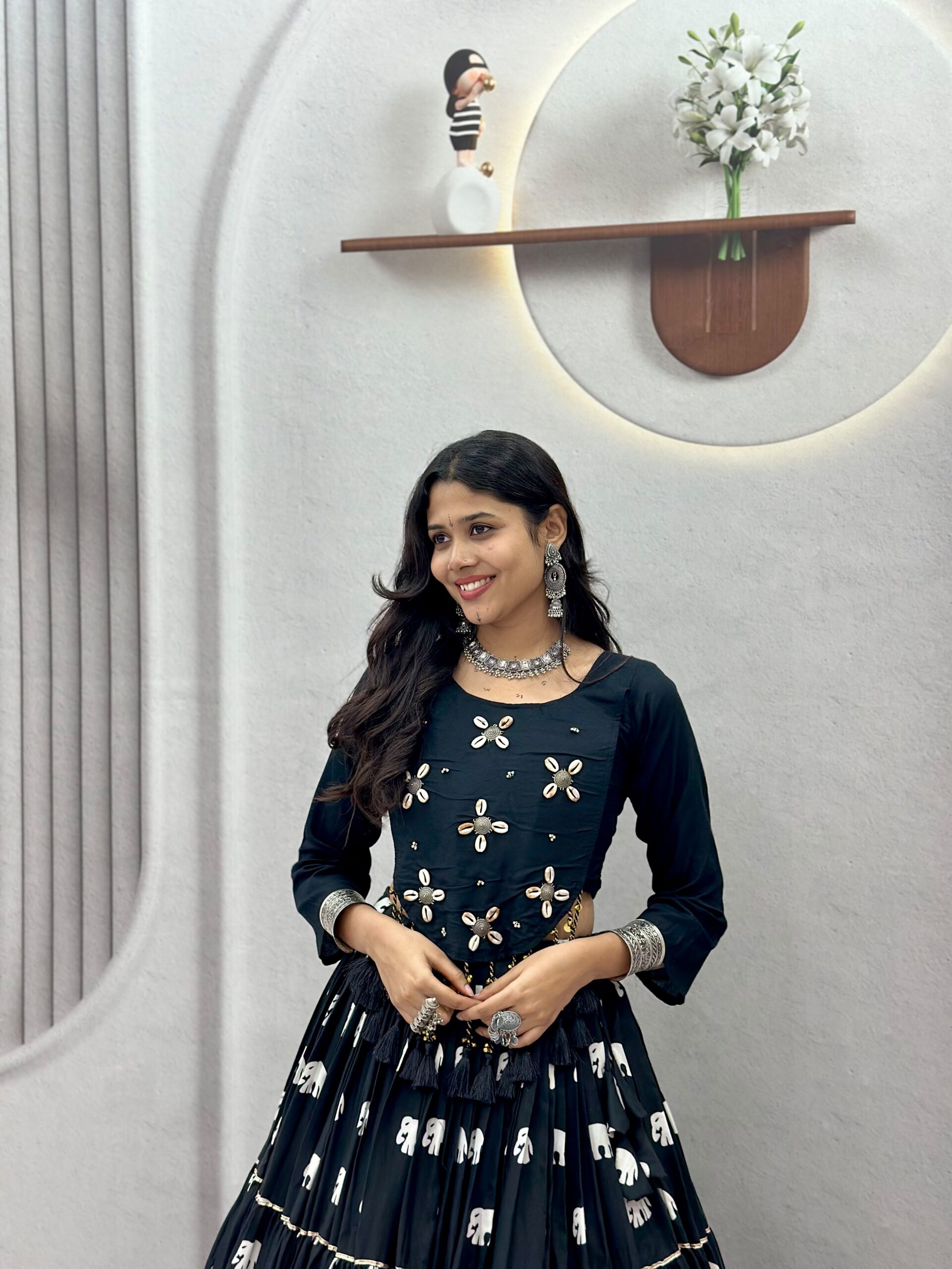 Ram 181 Black Color Pure Cotton Lehenga Choli with Cowrie Work. Festive Deal ₹2649. Delivery 4-6 Working Days. Online Shop now. | Lehenga, Bollywood Lehenga, Creative Lehenga, Designer Lehenga, Embroidered Lehenga, Party Wear Lehenga