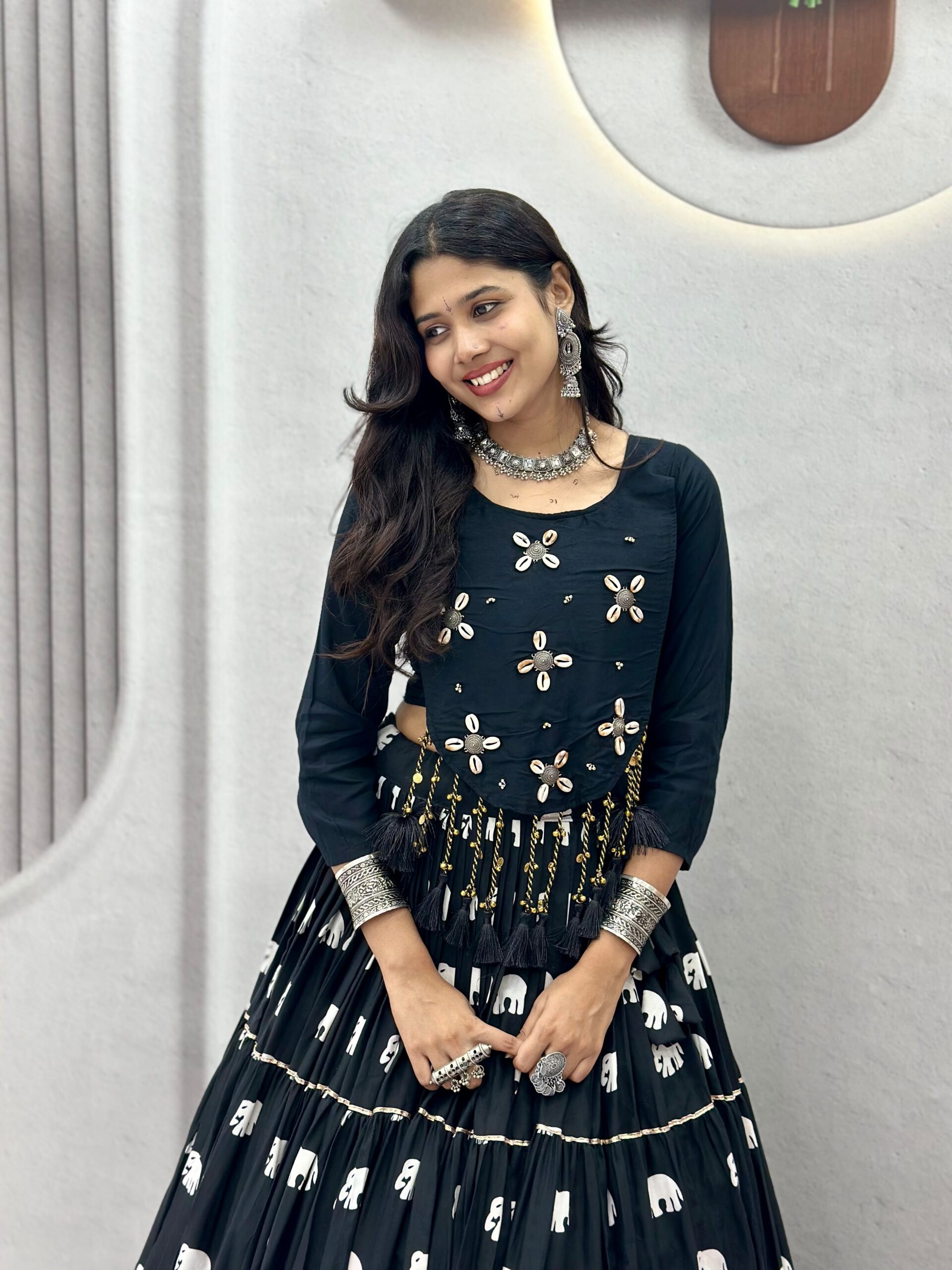 Ram 181 Black Color Pure Cotton Lehenga Choli with Cowrie Work. Festive Deal ₹2649. Delivery 4-6 Working Days. Online Shop now. | Lehenga, Bollywood Lehenga, Creative Lehenga, Designer Lehenga, Embroidered Lehenga, Party Wear Lehenga