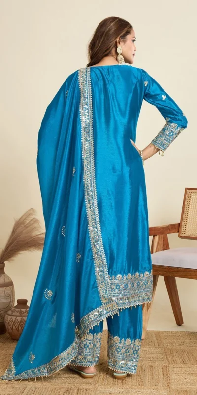 Aglow Blue Chinon Silk Embroidery Work Salwar Suit