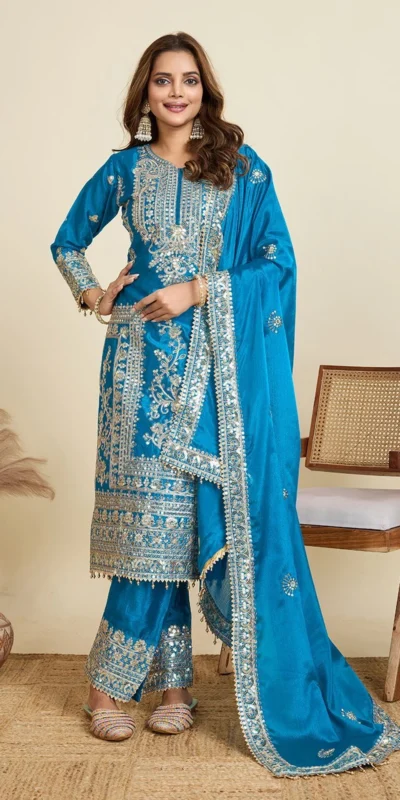 Aglow Blue Chinon Silk Embroidery Work Salwar Suit