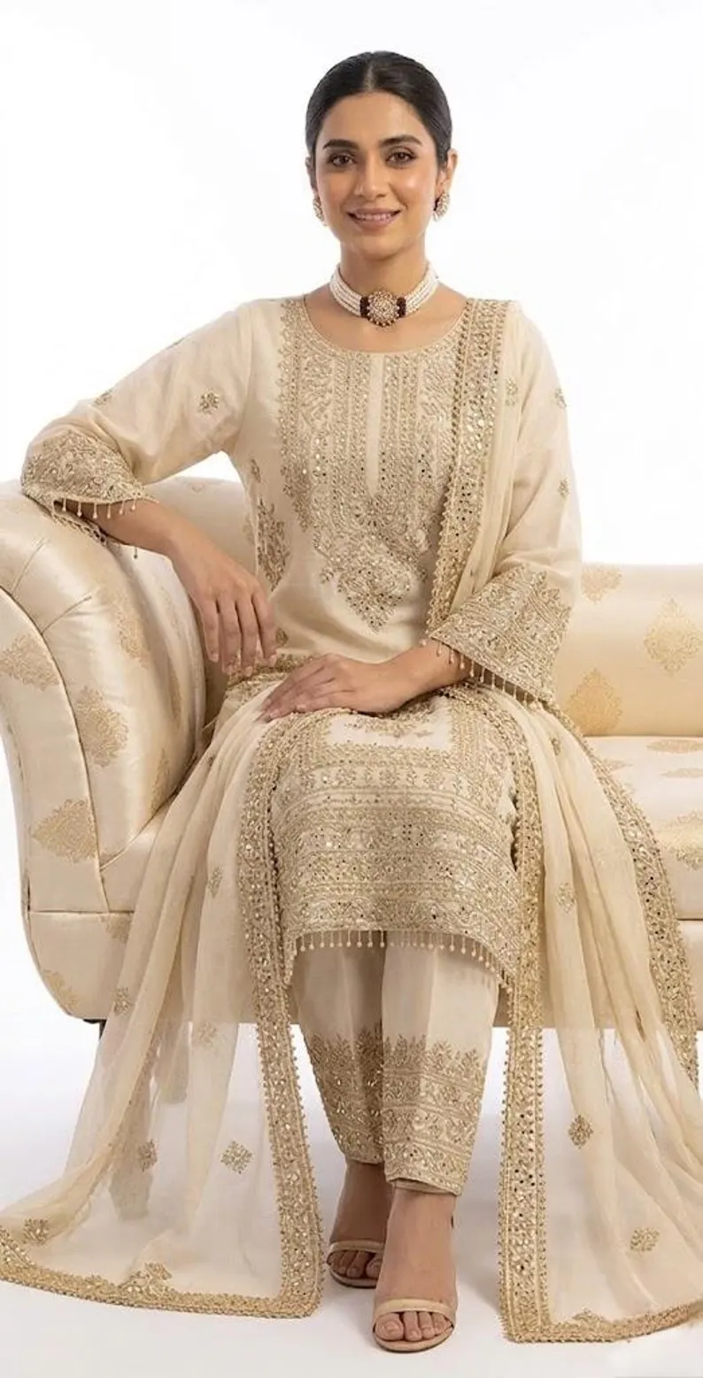 Aglow Off White Chinon Silk Embroidery Work Salwar Suit