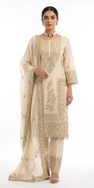 Aglow Off White Chinon Silk Embroidery Work Salwar Suit