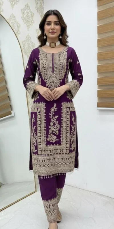 Aglow Wine Chinon Silk Embroidery Work Salwar Suit