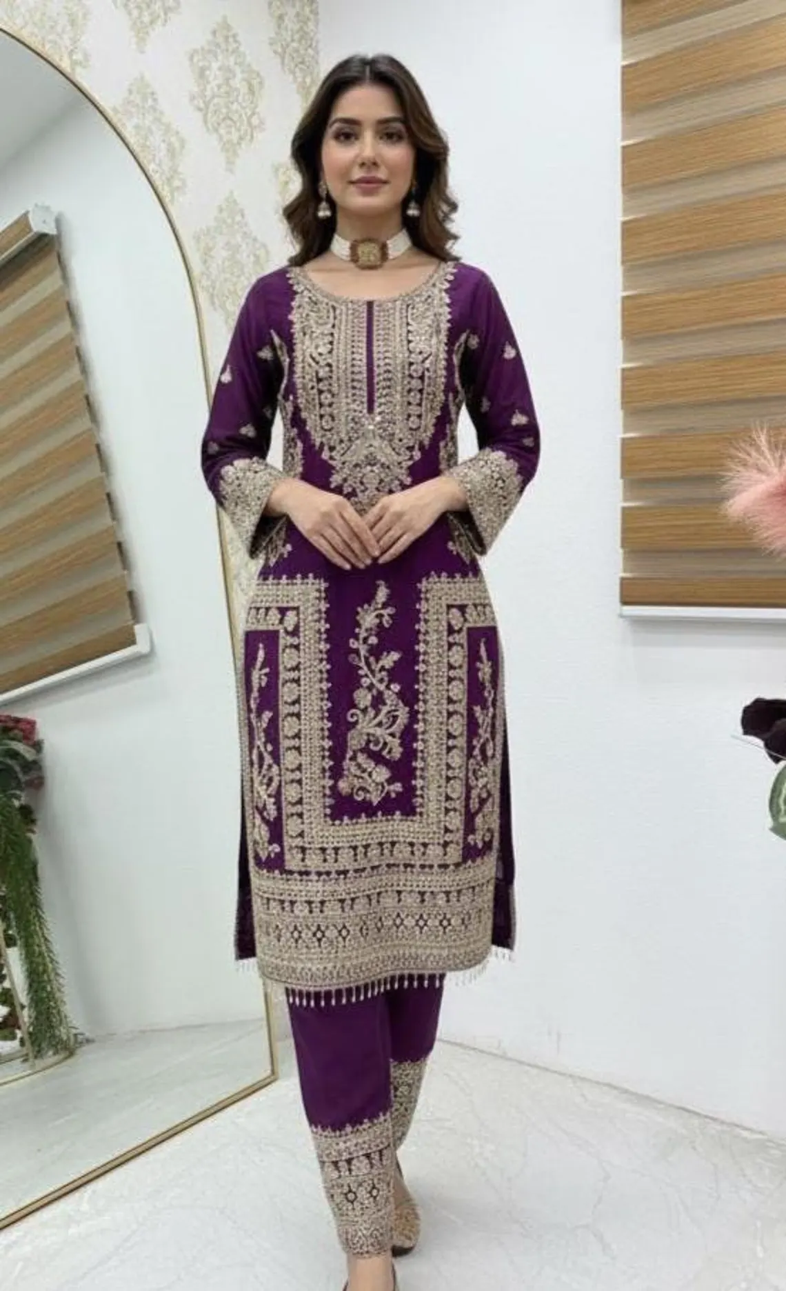 Aglow Wine Chinon Silk Embroidery Work Salwar Suit
