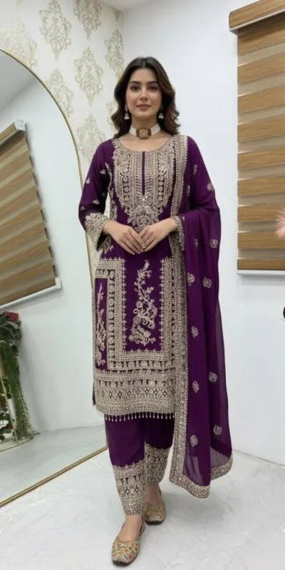 Aglow Wine Chinon Silk Embroidery Work Salwar Suit