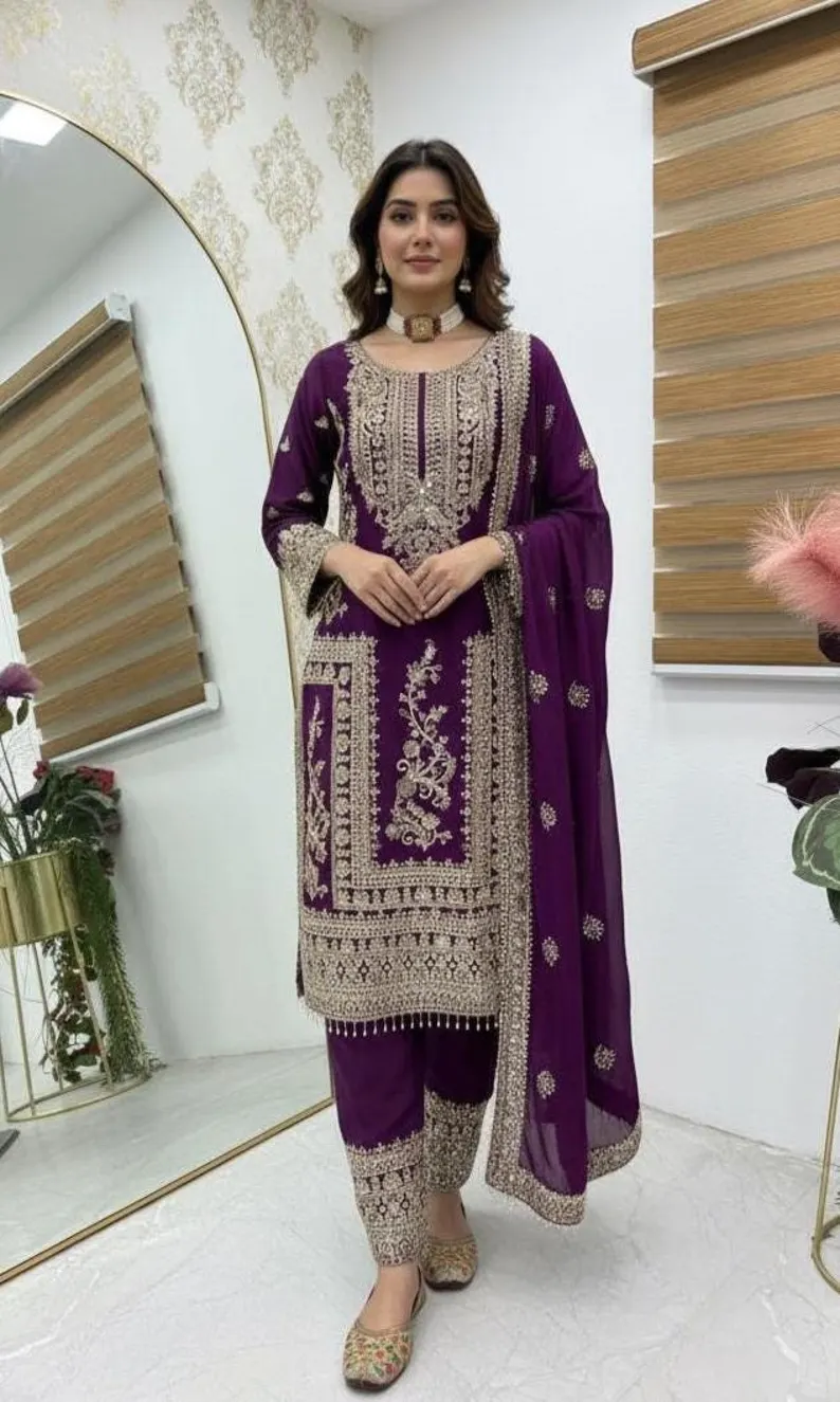Aglow Wine Chinon Silk Embroidery Work Salwar Suit