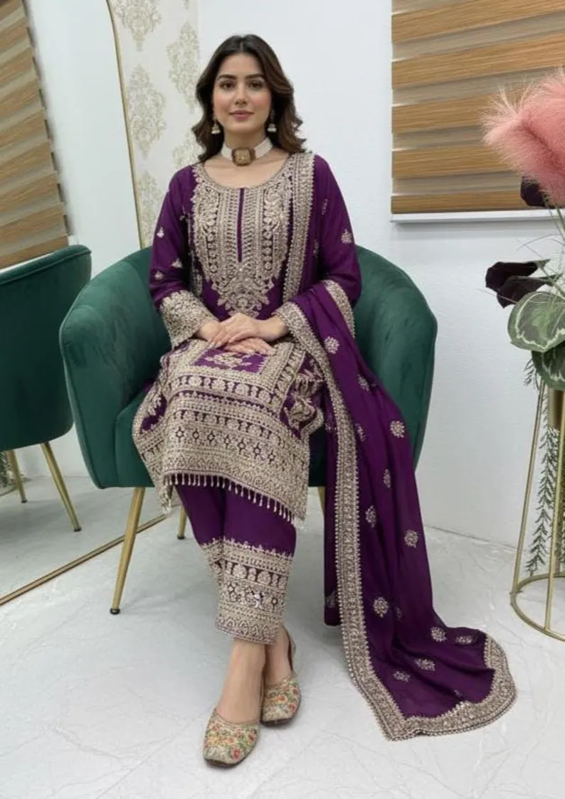Aglow Wine Chinon Silk Embroidery Work Salwar Suit