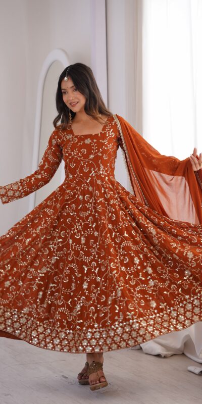 Beautiful Rust Fox Georgette Embroidery Work Gown