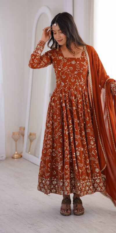 Beautiful Rust Fox Georgette Embroidery Work Gown
