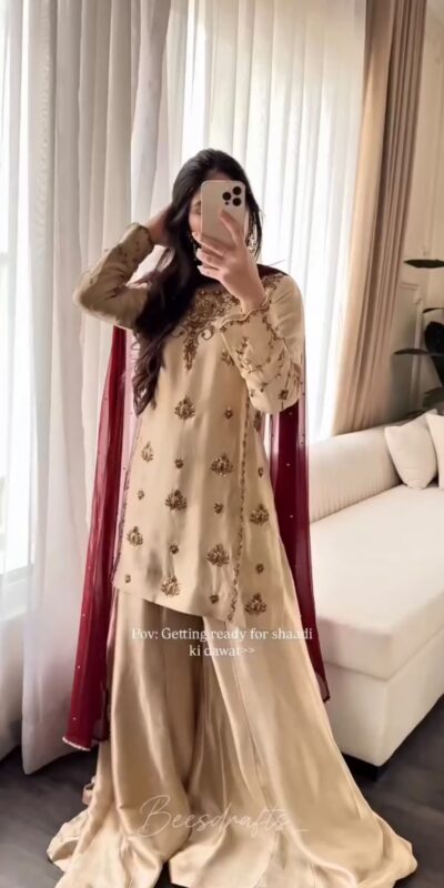Classic Cream Natural Crap Moti Embroidery Work Salwar Suit
