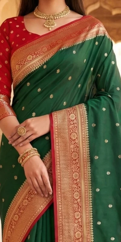 Elegant Green Soft Banarasi Silk Zari Moti Work Saree