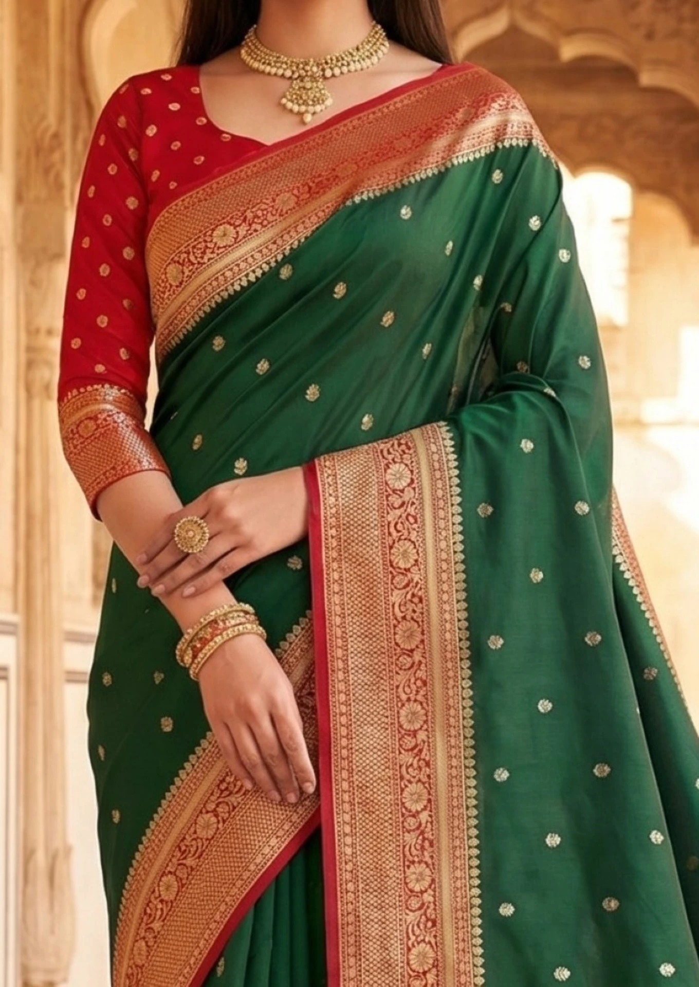 Elegant Green Soft Banarasi Silk Zari Moti Work Saree