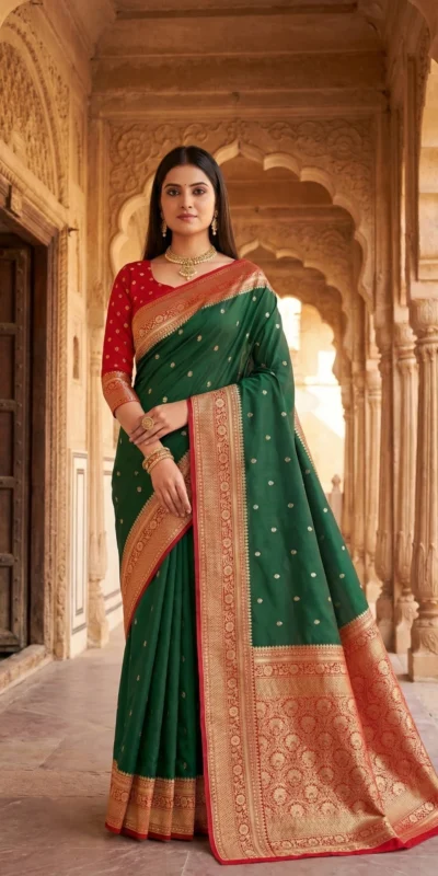 Elegant Green Soft Banarasi Silk Zari Moti Work Saree