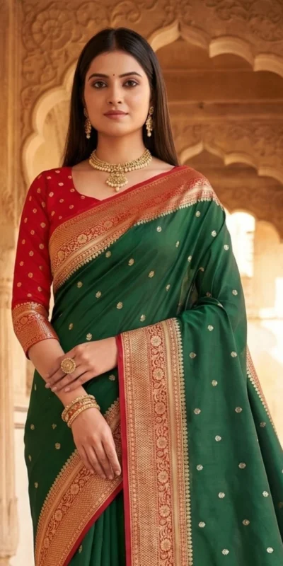 Elegant Green Soft Banarasi Silk Zari Moti Work Saree