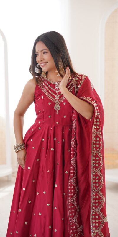Elegant Red Roman Silk Embroidery Work Gown