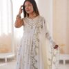 Elegant White Roman Silk Embroidery Work Gown