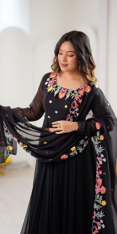 Fancy Black Faux Georgette Embroidery Work Salwar Suit