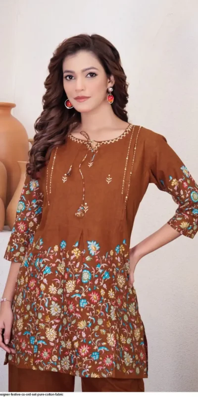 Fancy Brown Cotton Printed Kantha Work Kurti