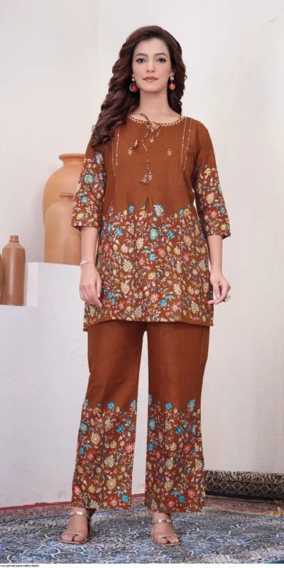 Fancy Brown Cotton Printed Kantha Work Kurti