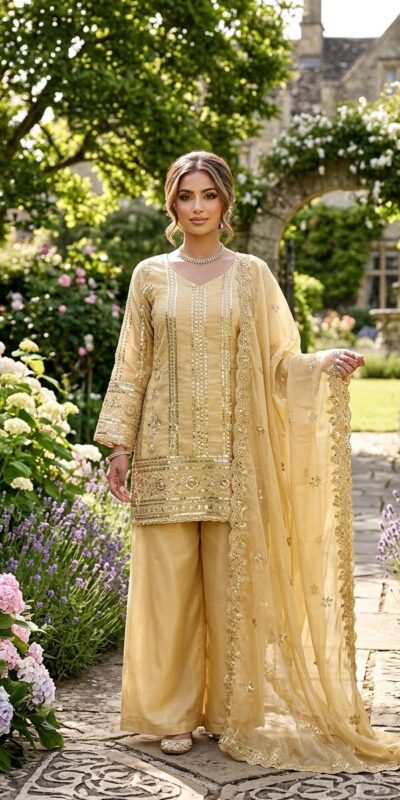 Fancy Golden Zimmy Silk Sequins Work Salwar Suit