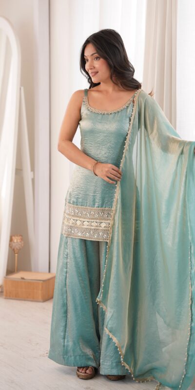 Fancy Sea Green Doremon Crush Embroider Work Salwar Suit
