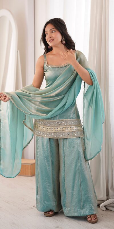 Fancy Sea Green Doremon Crush Embroider Work Salwar Suit