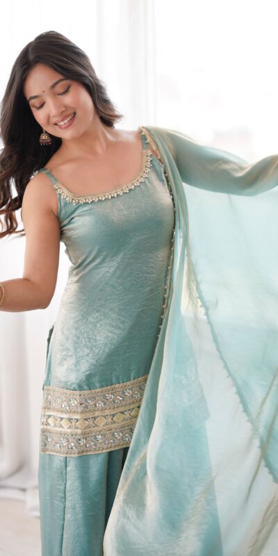 Fancy Sea Green Doremon Crush Embroider Work Salwar Suit