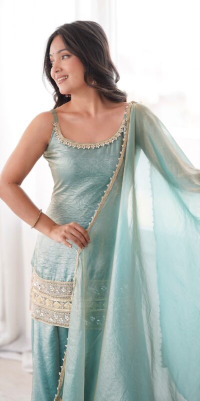 Fancy Sea Green Doremon Crush Embroider Work Salwar Suit