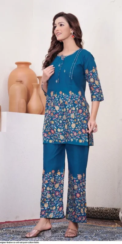 Fancy Teal Cotton Printed Kantha Work Kurti