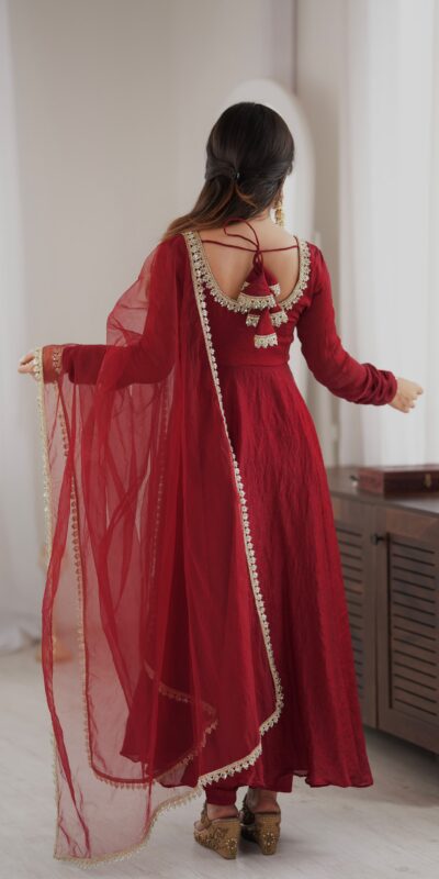 Glowing Maroon Doremon Crush Mirror Work Gown .