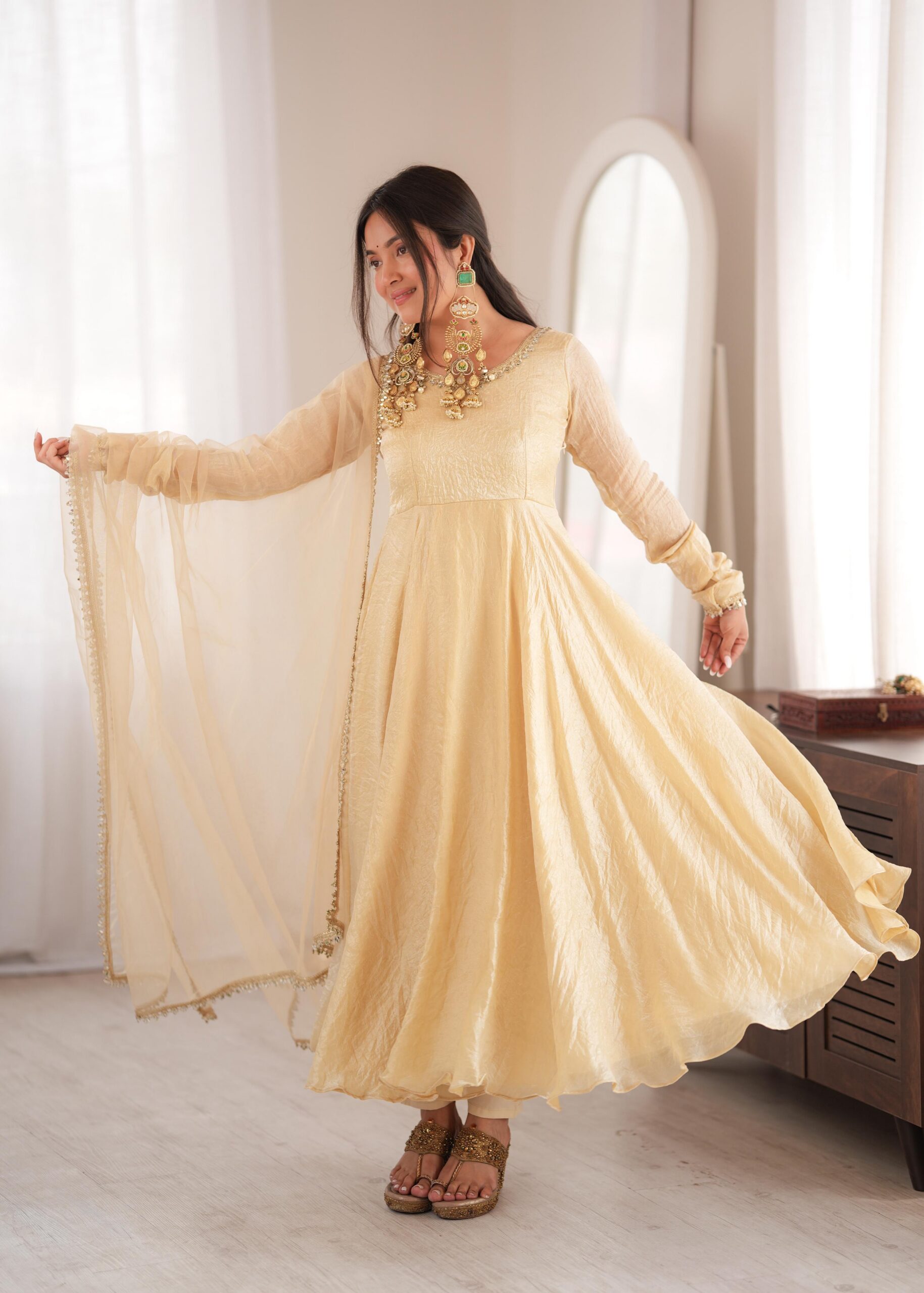 Glowing Off White Doremon Crush Real Mirror Work Gown