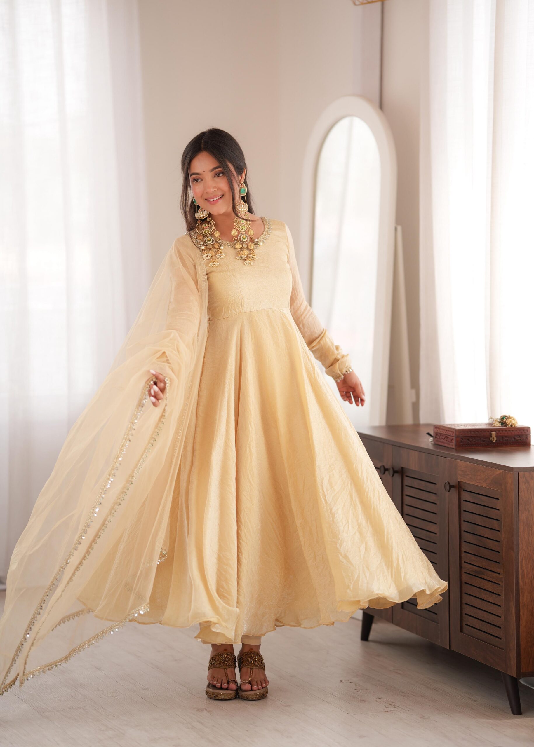 Glowing Off White Doremon Crush Real Mirror Work Gown