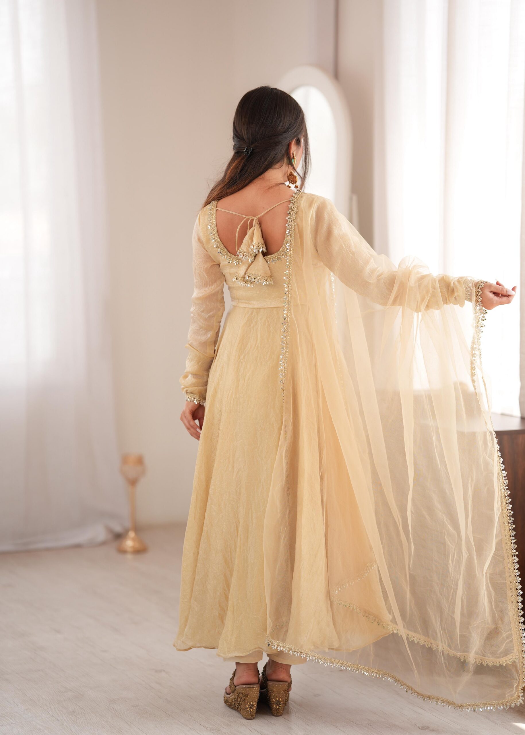 Glowing Off White Doremon Crush Real Mirror Work Gown