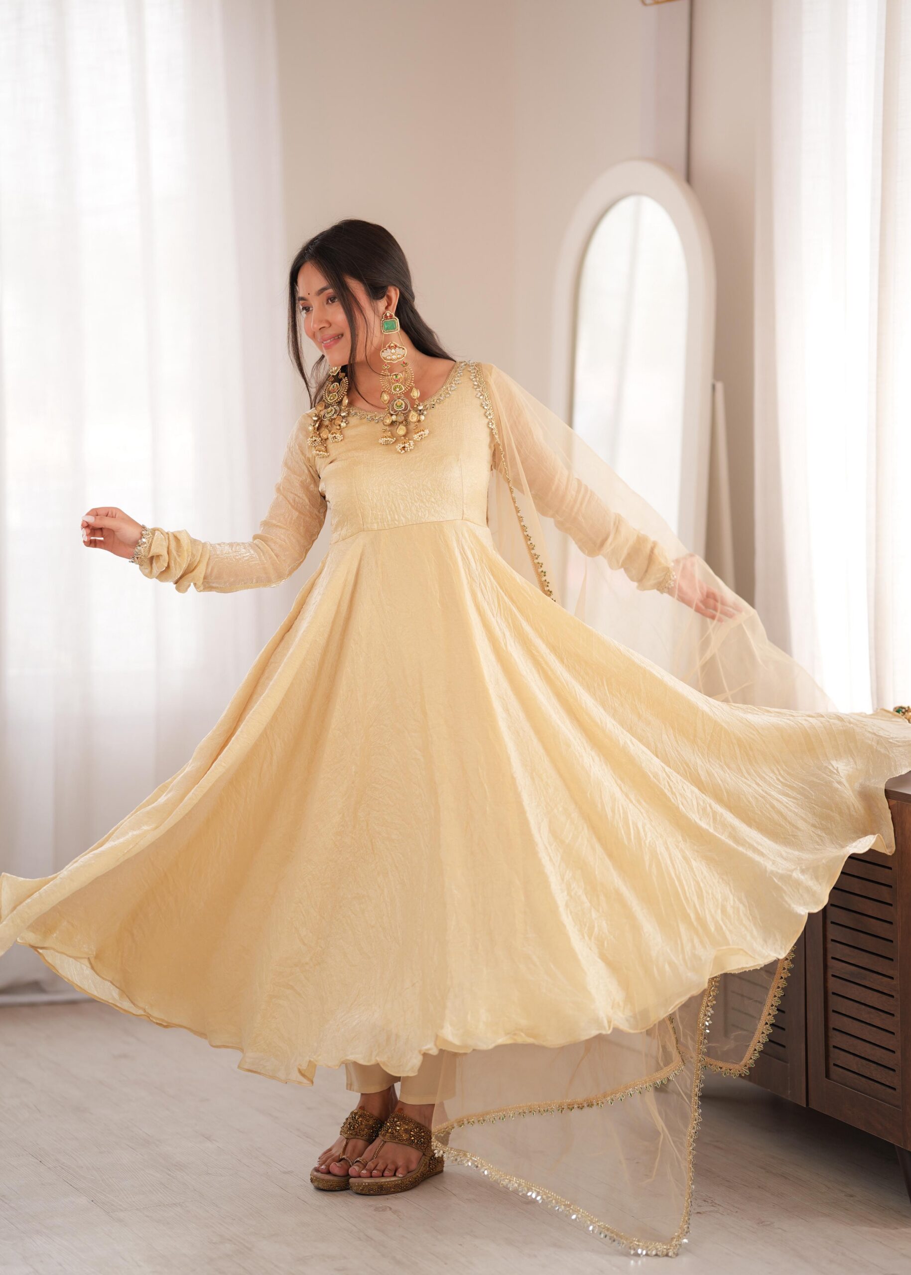 Glowing Off White Doremon Crush Real Mirror Work Gown