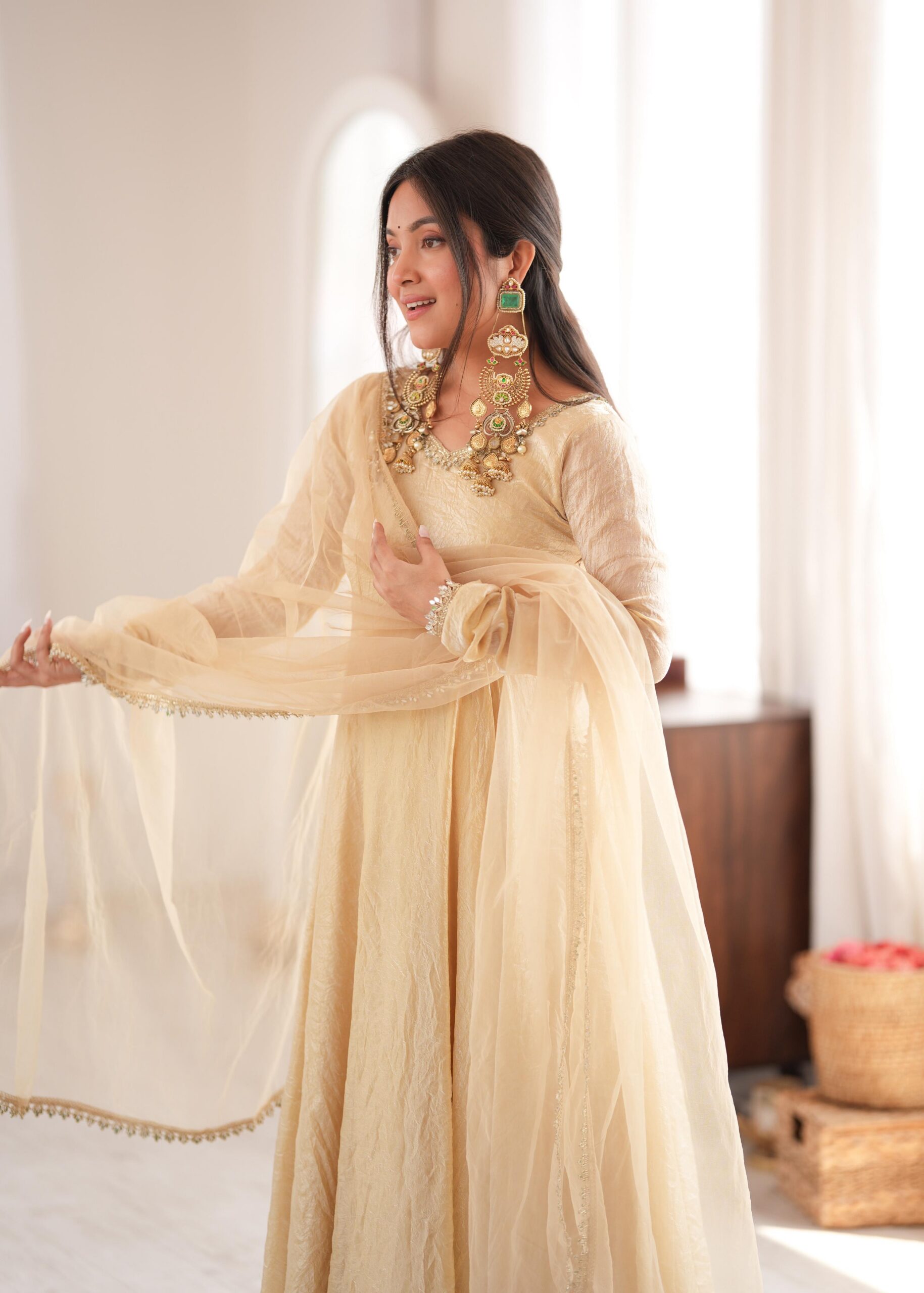 Glowing Off White Doremon Crush Real Mirror Work Gown