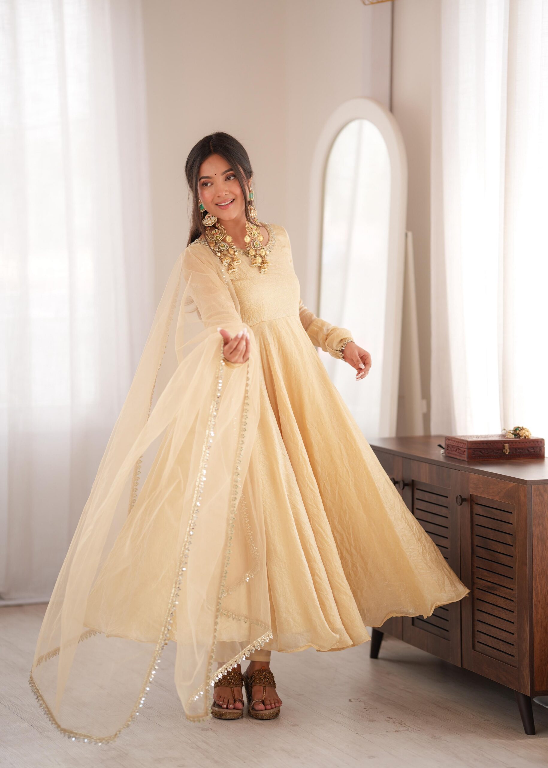 Glowing Off White Doremon Crush Real Mirror Work Gown