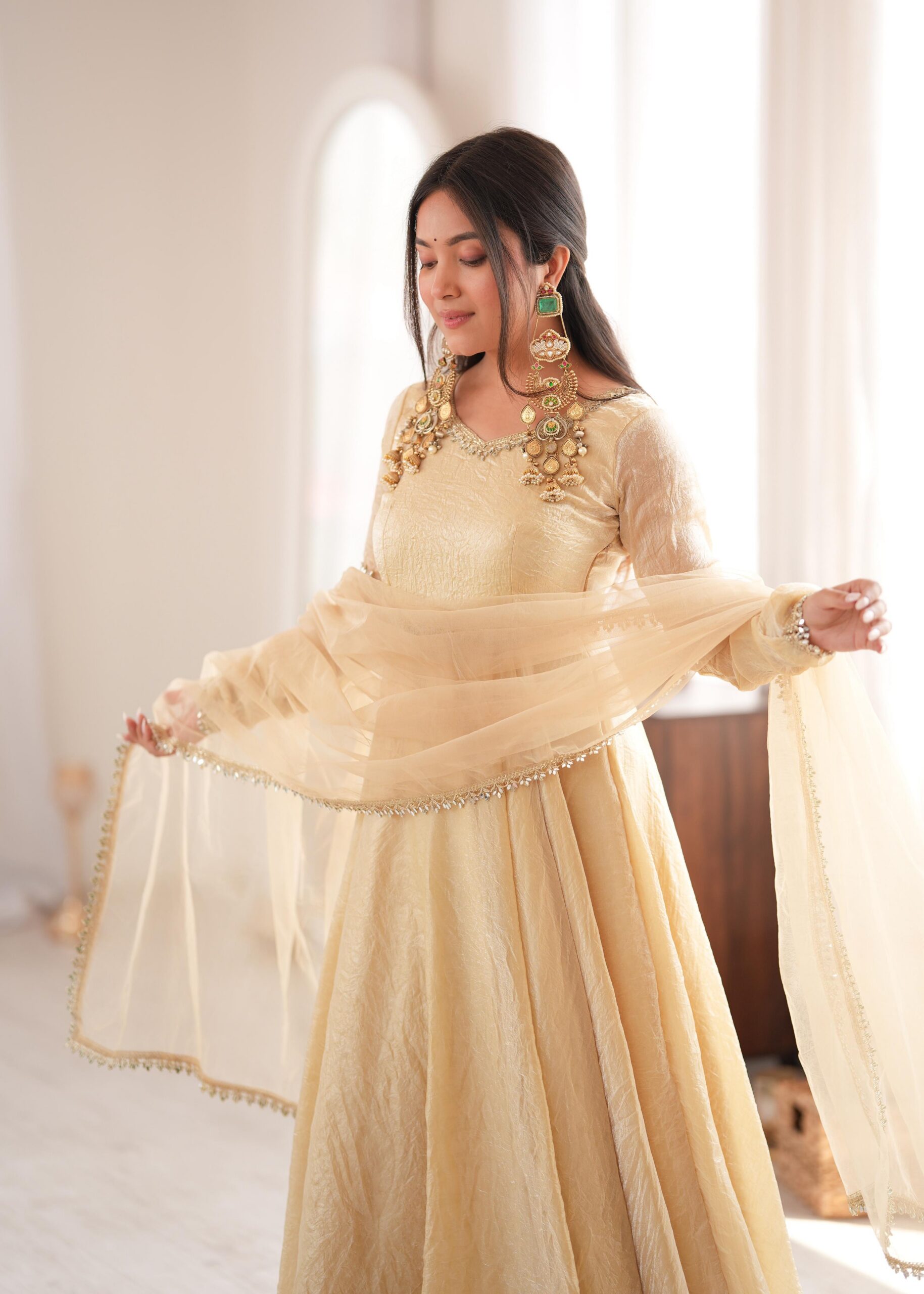 Glowing Off White Doremon Crush Real Mirror Work Gown